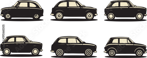 A sequential arrangement of small classic cars showcasing side profiles of the same charming vehicle