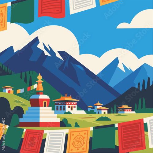 Himalayan Buddhist Monasteries with Prayer Flags
