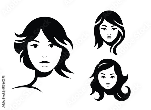 Women Face Icon Pack – Modern Female Profile Silhouette Vector Collection with Stylish Girl Avatars, Elegant Woman Head Illustrations and Minimal Black Hair Design