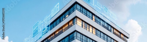 Modern Building with Digital Network Overlay - Conceptual image of smart building infrastructure, data flow and connectivity. Smart Building, Connectivity