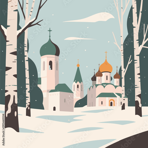 Snowy Russian Church and Birch Trees Landscape