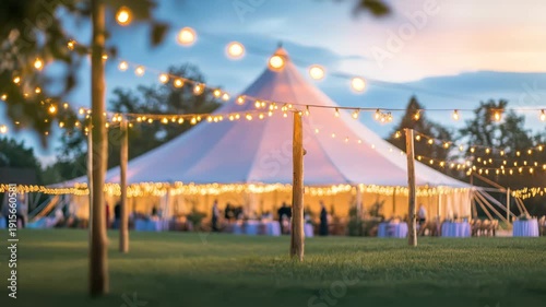 Wedding reception under tent with string lights at dusk, guests enjoying event