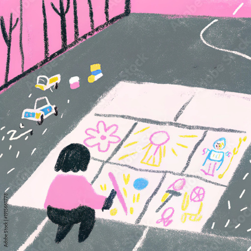 Child drawing on pavement with chalk, creative art, outdoor activity, summer fun, innocent childhood, playful imagination, street art, education, learning, joy