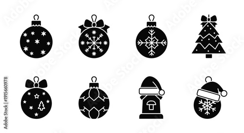 Black and white icons depicting various christmas ornaments and a tree