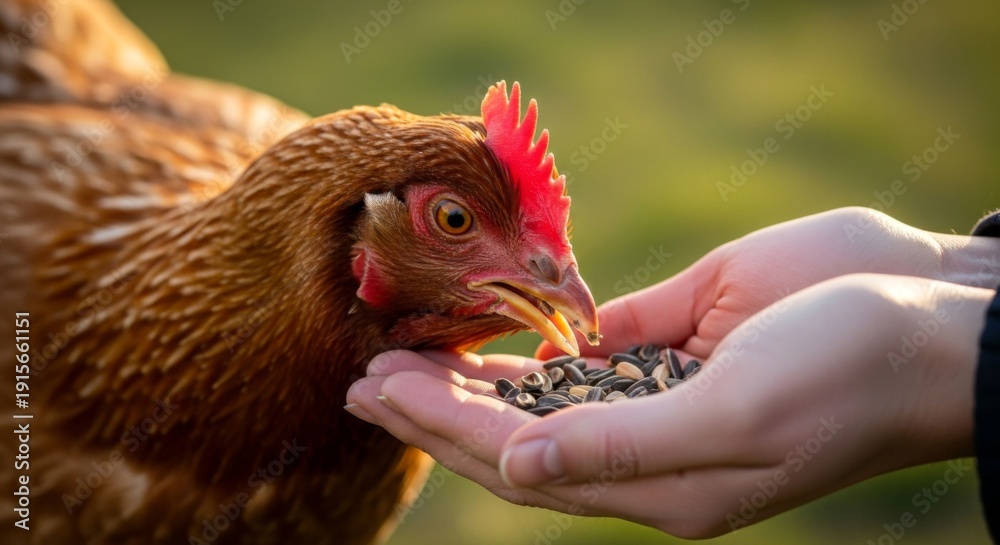 Fototapeta premium Close-up of a brown chicken eating seeds from a person's outstretched hands