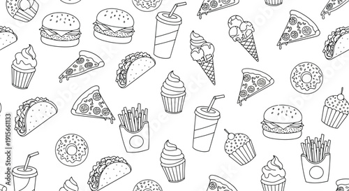 Black and White Fast Food Pattern Keywords: fast food, pattern, illustration, drawing, black and