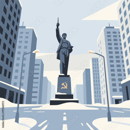 Stylized Soviet Urban Landscape with Communist Obelisk