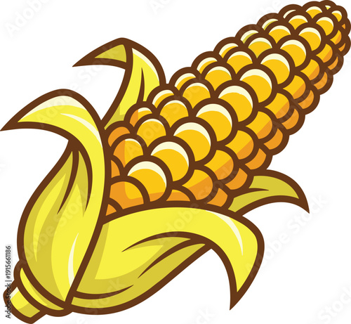 A stylized illustration of a ripe ear of corn with golden kernels and green husk leaves isolated on transparent background, Vector