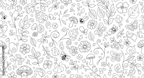 Black and white doodle pattern of flowers leaves mushrooms and bees