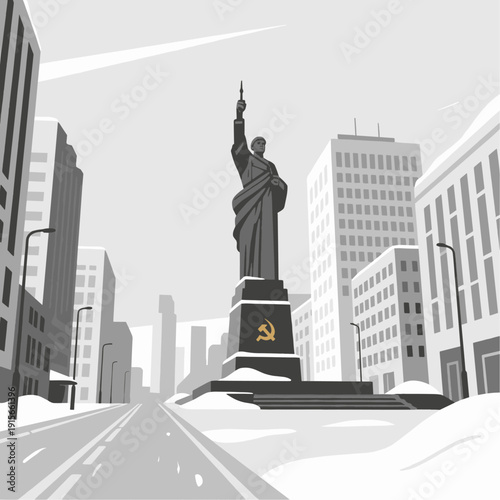 Stylized Soviet Urban Landscape with Communist Obelisk