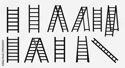 Metal ladder icon set featuring multiple ladder styles and angles.