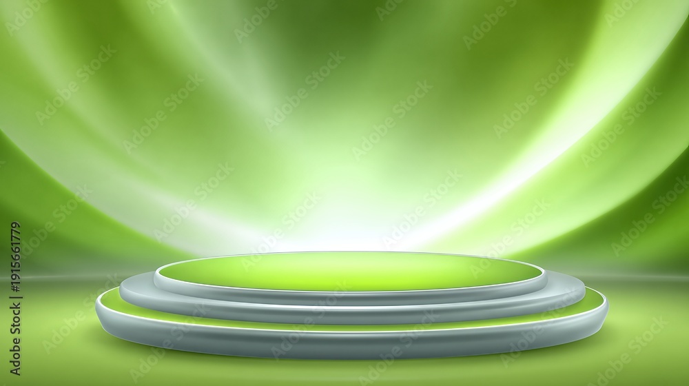 Obraz premium Bright Green Stage With Spotlight Prepared for an Event Happening in an Indoor Venue in the Evening