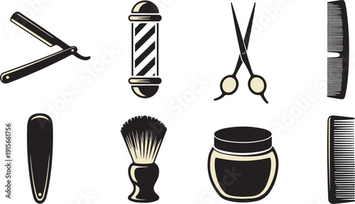 Essential barber shop grooming tools presented as simple black and beige icons for hair care