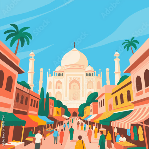 Vibrant Indian Market Street with Taj Mahal in the Background