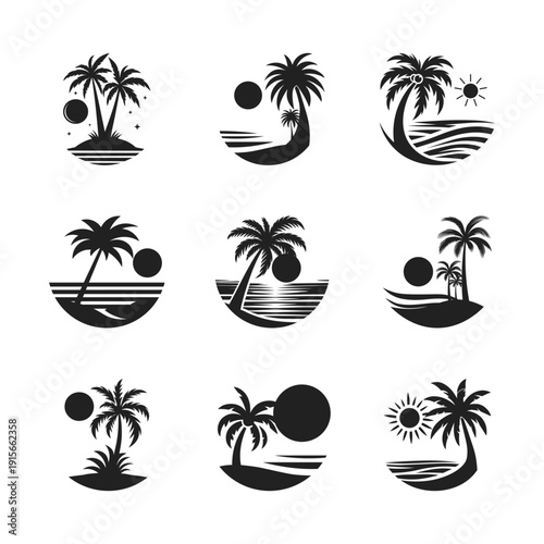 Tropical island and palm tree logo set. Minimalist black and white vector collection of beach sunset and sea wave symbols for travel and tourism branding.