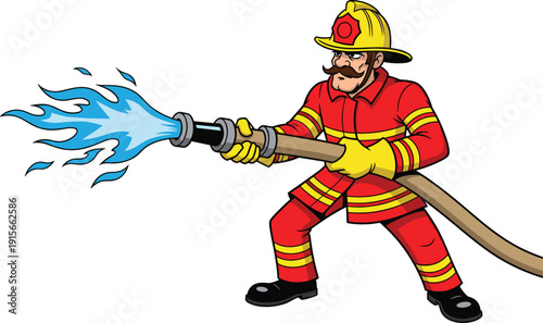Firefighter using a hose to extinguish a blue flame with protective gear on isolated on transparent background, Vector