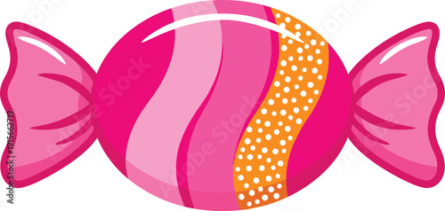 A vibrant pink candy with a yellow dotted swirl and decorative bows on both ends isolated on transparent background, Vector