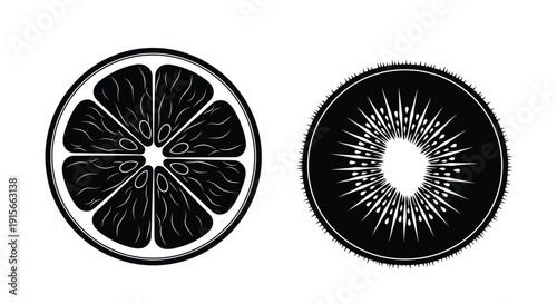 Sliced citrus fruit and kiwi displayed in a stark black and white illustration