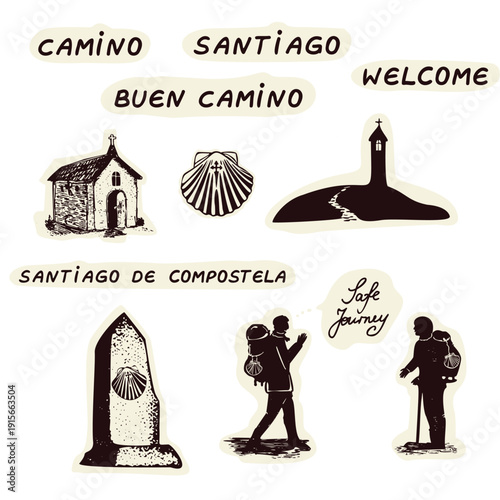 Hand drawn santiago the compostelo st james way sticker set for pilgrimage guide stamps. Europe churches on pilgrims way trail, buen camino sign , peregrinos greeting. Travel icon passport motif 