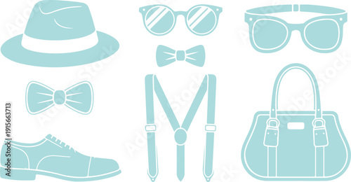 Stylish collection of eight light blue fashion accessories for men and women on a white background