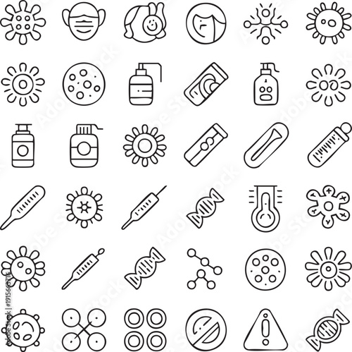 Set of outline icons related to virus. Linear icon collection. Vector illustration