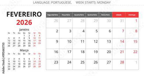 2026 Portuguese February monthly calendar planner page – Fevereiro. Vector illustration Portugal