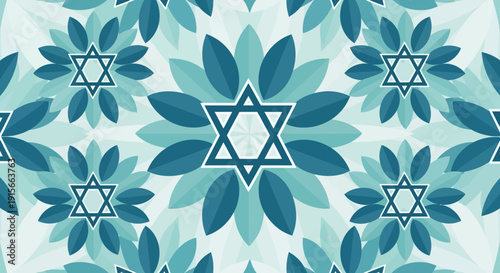 Abstract Floral Star Of David Seamless Pattern In Cool Blue Tones