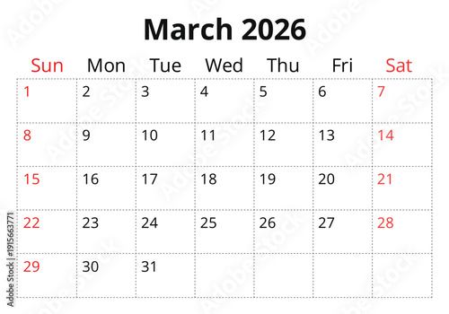 March 2026 calendar page. English monthly planner Sunday start. Vector design