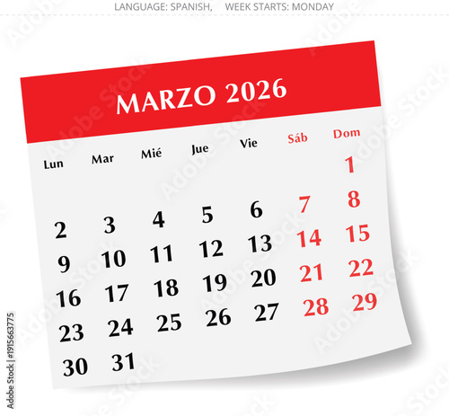 March 2026 Spanish calendar page – Marzo. Monthly paper planner Spain