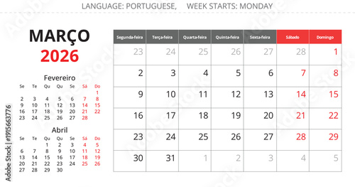 2026 Portuguese March monthly calendar planner page – Marco. Vector illustration Portugal