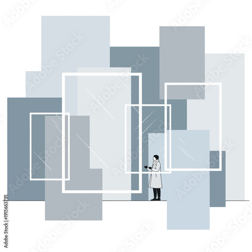 Abstract Geometric Cityscape With Solitary Figure Navigating Modern Architecture