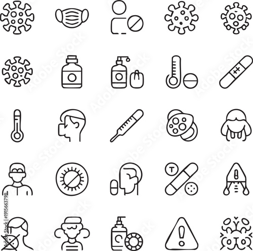 Set of outline icons related to virus. Linear icon collection. Editable stroke. Vector illustration