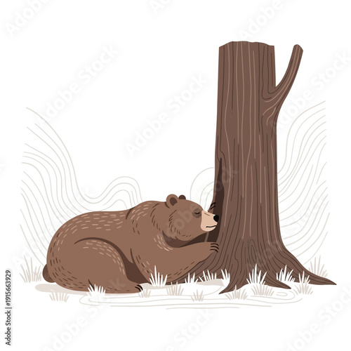 A Brown Bear Exploring A Hollow Tree Trunk In A Natural Wilderness Setting Illustration