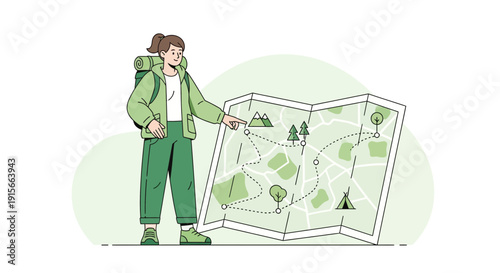Adventurer Planning Route On Detailed Paper Map With Backpack