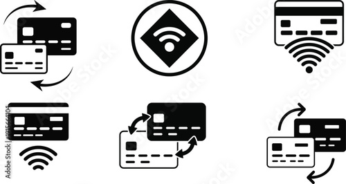 Credit card transfer icons with NFC symbol for secure wireless payment transaction tap to pay