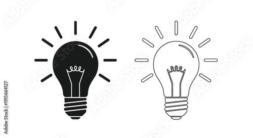 Two lightbulb icons one solid black one outlined radiating light