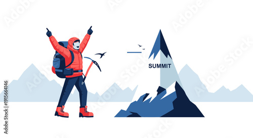 Adventurer Reaches Mountain Summit Celebrating Achievement with Arms Raised High