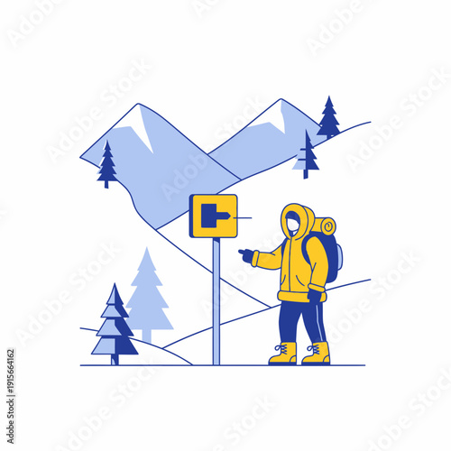 Adventurer Seeking Direction On Snowy Mountain Trail Path Sign