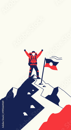 Adventurer Reaches Summit Victoriously Raising Arms Beside Mountain Flag