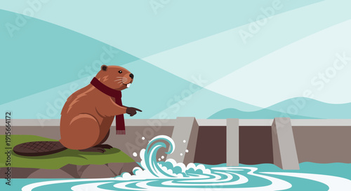 A Cartoon Beaver Directing Water Flow At A Dam In A Scenic Landscape Scene