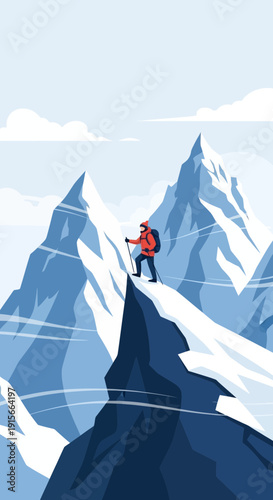 Adventurer Standing Atop Snowy Mountain Peak Exhilarating Journey