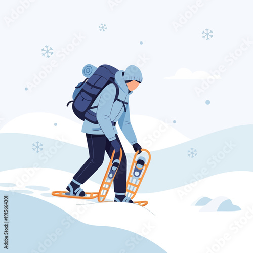 Adventurer Traversing Snowy Terrain with Snowshoes and Backpack, Winter Journey Illustration