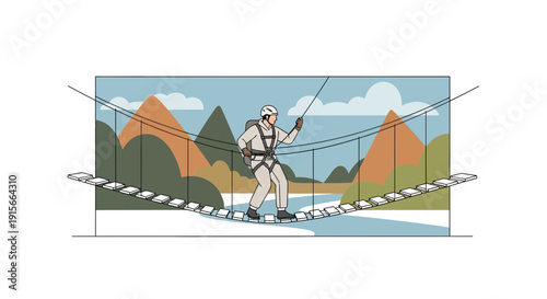 Adventurer Traversing Suspension Bridge Above River Amidst Scenic Mountain Landscape