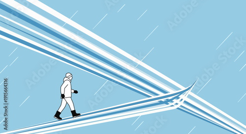 Abstract Snowfall With Figure Ascending An Energetic Slope