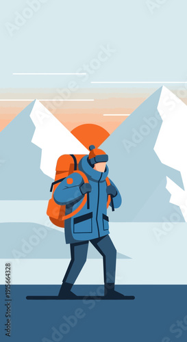 Adventurer Trekking Through Snowy Mountain Peaks During Sunrise Exploration Journey