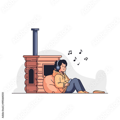 A Person Enjoying Music, Relaxing Beside a Cozy Structure in a Moment of Solitude