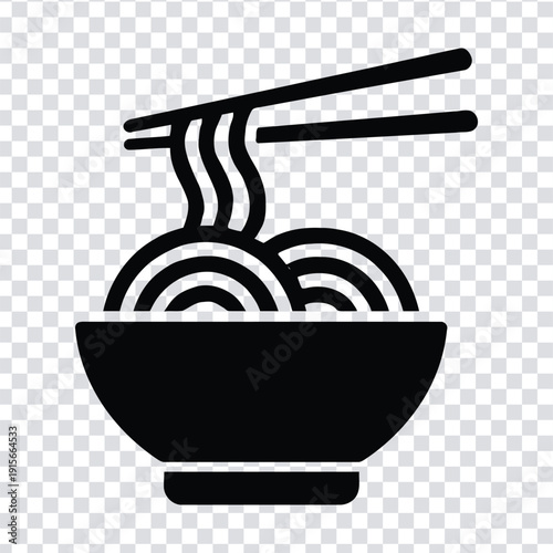 Black and white illustration of noodles in bowl with chopsticks