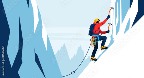 Adventurous Climber Ascending Icy Mountain Peaks With Ice Axes And Gear