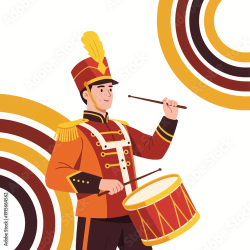 A Cheerful Musician Plays Drums, Performing in a Vivid Costume, Against a Geometric Backdrop