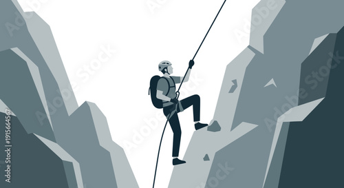 Adventurous Climber Ascends Rocky Mountain Cliff Face for Outdoor Adventure